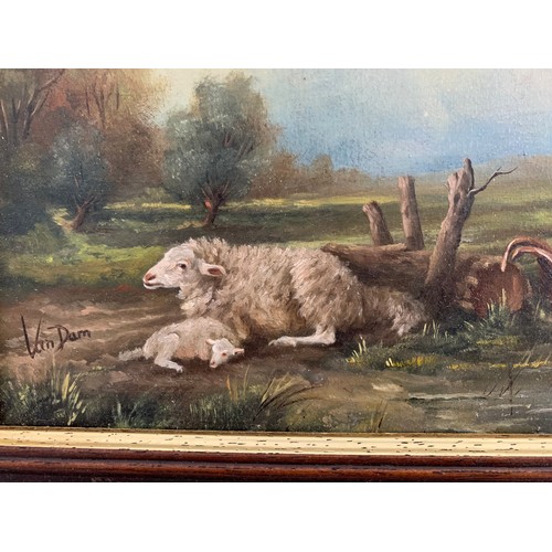 103 - Good Quality Rural Oil On Canvas Featuring Sheep And Chickens. Signed Bottom Left   VAN DAM
28 x 22 ... 