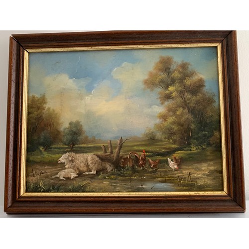 103 - Good Quality Rural Oil On Canvas Featuring Sheep And Chickens. Signed Bottom Left   VAN DAM
28 x 22 ... 