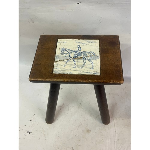 26 - Vintage Four Leg Stool With Central Blue And White Tile Insert Top.