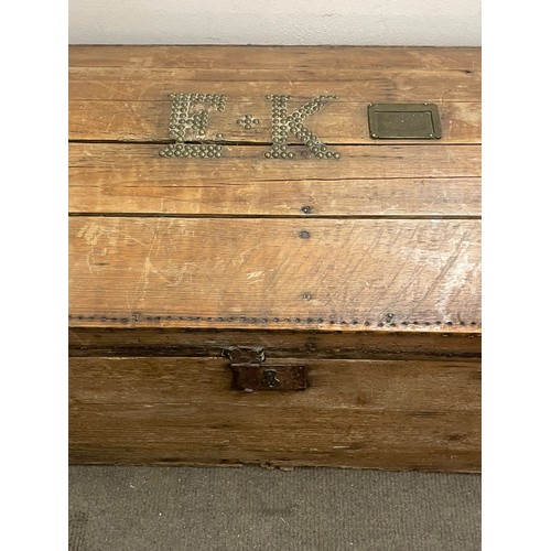 30 - Antique Pine Domed Top Trunk With Studwork Initials To The Top. 86 x 50 x 58 cms