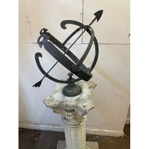 40 - Large Reconstituted  Garden Statue  Of Column With Armillary Sphere Mounted To Top. 147 cms High