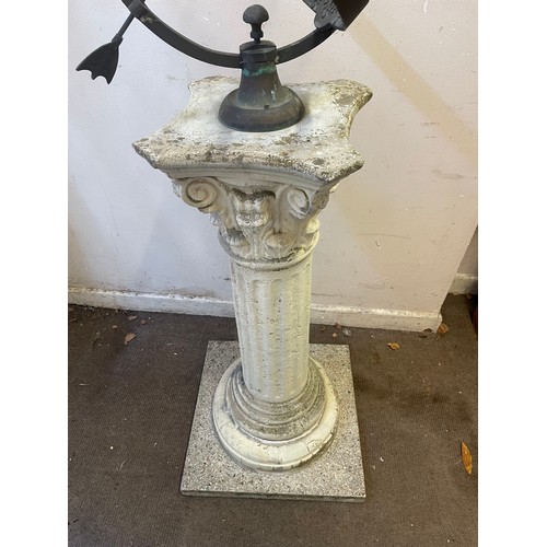 40 - Large Reconstituted  Garden Statue  Of Column With Armillary Sphere Mounted To Top. 147 cms High