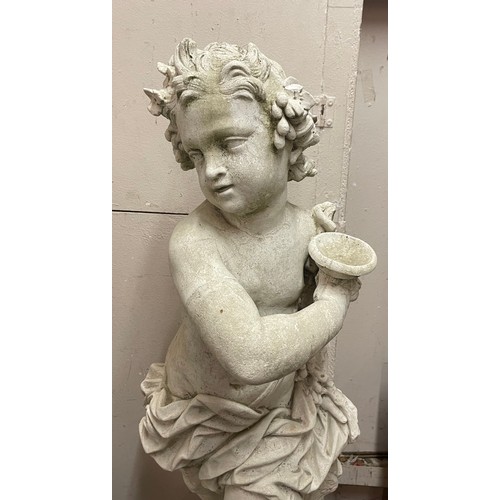 41 - Large Reconstituted  Garden Statue  Of A Cherub / Putti Mounted On A Plinth 153 cms (Heavy)