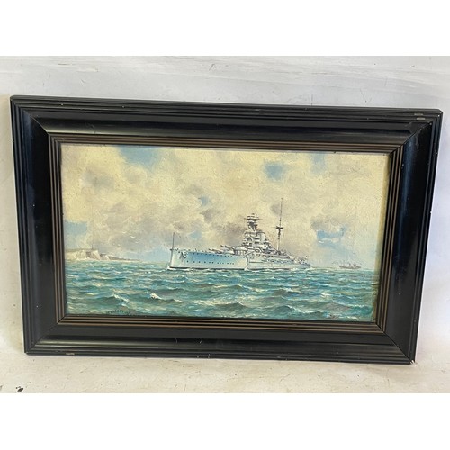 449 - Vintage Oil On Canvas Of A Battleship At Sea Signed Ruffell Bottom Right. 46 x 30 overall size.