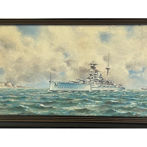 449 - Vintage Oil On Canvas Of A Battleship At Sea Signed Ruffell Bottom Right. 46 x 30 overall size.