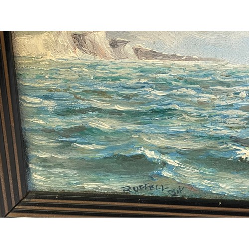 449 - Vintage Oil On Canvas Of A Battleship At Sea Signed Ruffell Bottom Right. 46 x 30 overall size.