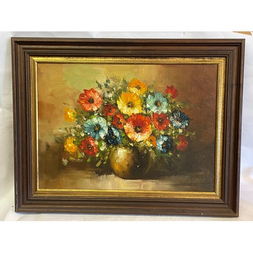 451 - Vintage Oil On Canvas Still Life Of Flowers Signed Bottom Right. 89 x 69 cms Overall Size