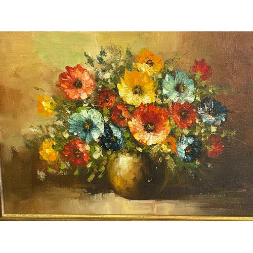 451 - Vintage Oil On Canvas Still Life Of Flowers Signed Bottom Right. 89 x 69 cms Overall Size