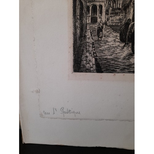 455 - Etching. Antique Etching on Paper. RUE SAINT RUSTIQUE oldest street in Paris. Titled in plate lower ... 