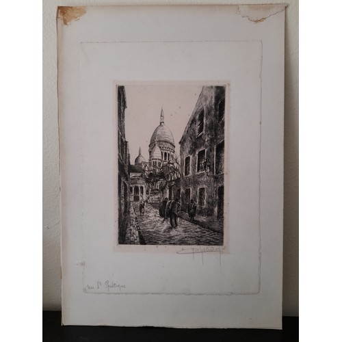 455 - Etching. Antique Etching on Paper. RUE SAINT RUSTIQUE oldest street in Paris. Titled in plate lower ... 