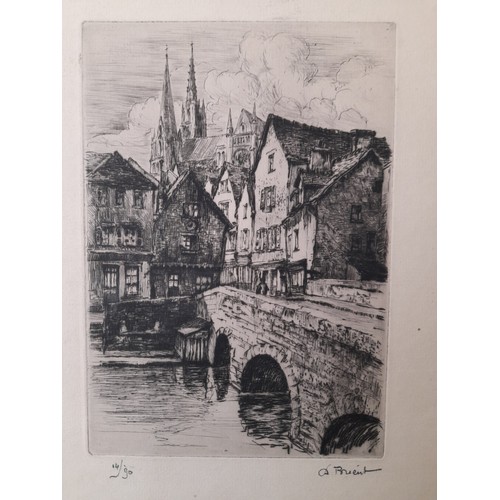 462 - Etching. Pont Bouju Bridge Chartres with Cathedral in Background, numbered 14/90 to Lower Left and P... 