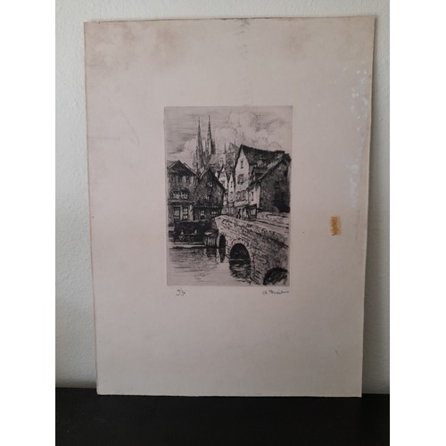 462 - Etching. Pont Bouju Bridge Chartres with Cathedral in Background, numbered 14/90 to Lower Left and P... 