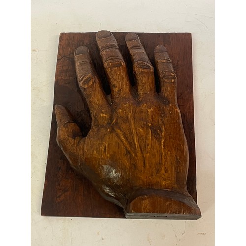 464 - Vintage Life Size  Hand Carved Wood Model Of A Hand Signed . 21 X 15 cms