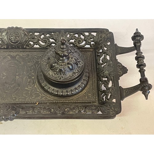 469 - French Bronzed Two Handled Desk Top Inkwell With Pierced Decoration. 40 x 16 cms