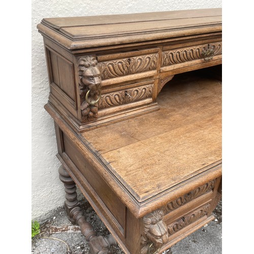 56 - Antique French Two Piece Desk With Carved Lion Head Decoration Writing Desk. 130 x 70 x 114 cms