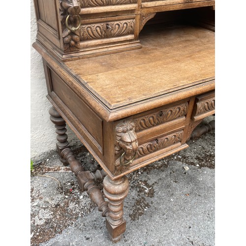 56 - Antique French Two Piece Desk With Carved Lion Head Decoration Writing Desk. 130 x 70 x 114 cms