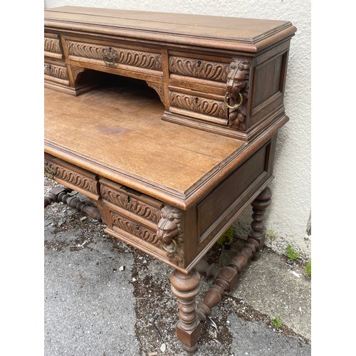 56 - Antique French Two Piece Desk With Carved Lion Head Decoration Writing Desk. 130 x 70 x 114 cms