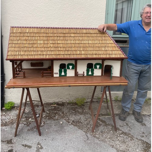 447 - Large Continental Scratch Built Wood Stable Block Model With Thatched Roof And Base Including Trestl... 