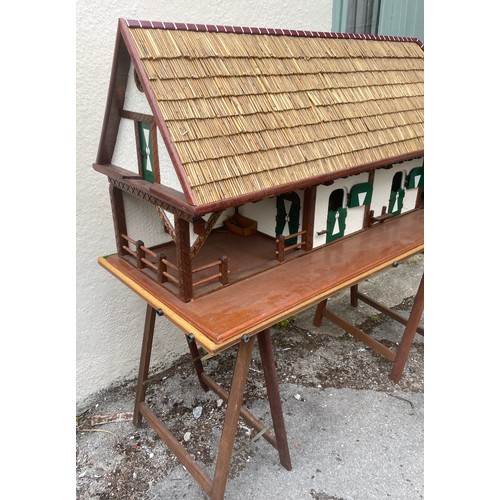 447 - Large Continental Scratch Built Wood Stable Block Model With Thatched Roof And Base Including Trestl... 