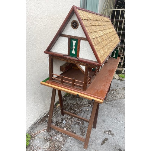 447 - Large Continental Scratch Built Wood Stable Block Model With Thatched Roof And Base Including Trestl... 