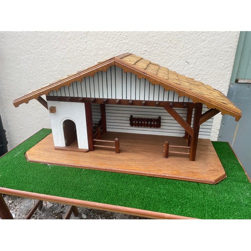 447A - Continental Scratch Built Wood Model Of A Stable Block With Thatched Roof And Lighting With A Green ... 