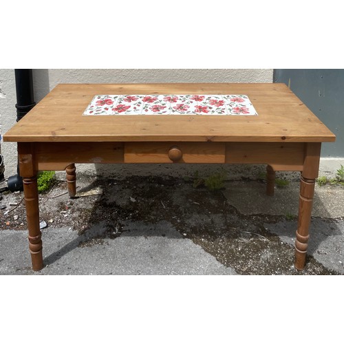 62 - Vintage Pine Farmhouse Table With Central Drawer And Tiled Top. 153 x 77 x 77 cms