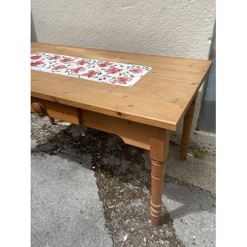 62 - Vintage Pine Farmhouse Table With Central Drawer And Tiled Top. 153 x 77 x 77 cms