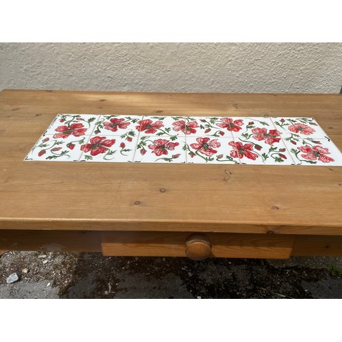 62 - Vintage Pine Farmhouse Table With Central Drawer And Tiled Top. 153 x 77 x 77 cms