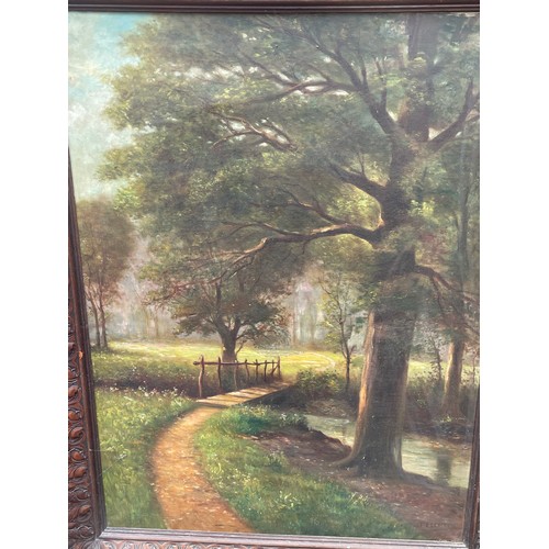 70 - Large  Continental Oil On Canvas Of A Woodland Scene Set In A Deep Carved Wood Frame Signed Bottom R... 