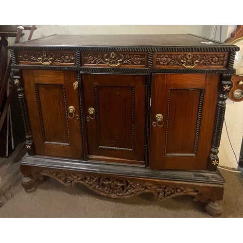 10A - Vintage French Sideboard With Carved Decoration And Brass Lion Head Handles. 124 x 52 x 108 cms