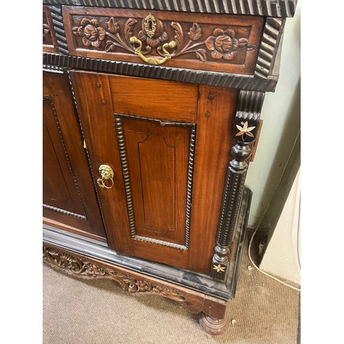 10A - Vintage French Sideboard With Carved Decoration And Brass Lion Head Handles. 124 x 52 x 108 cms