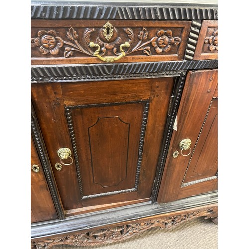 10A - Vintage French Sideboard With Carved Decoration And Brass Lion Head Handles. 124 x 52 x 108 cms