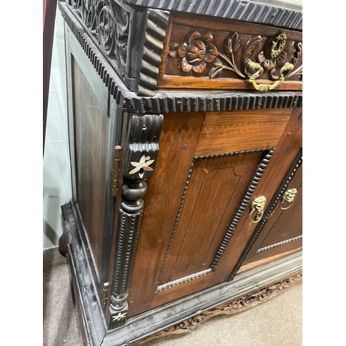 10A - Vintage French Sideboard With Carved Decoration And Brass Lion Head Handles. 124 x 52 x 108 cms