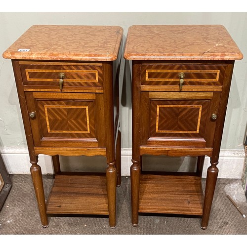 100 - 1920’s Pair Of Pot Cupboards Having Marble Tops A/F 
40 x 40 x 83 cms h