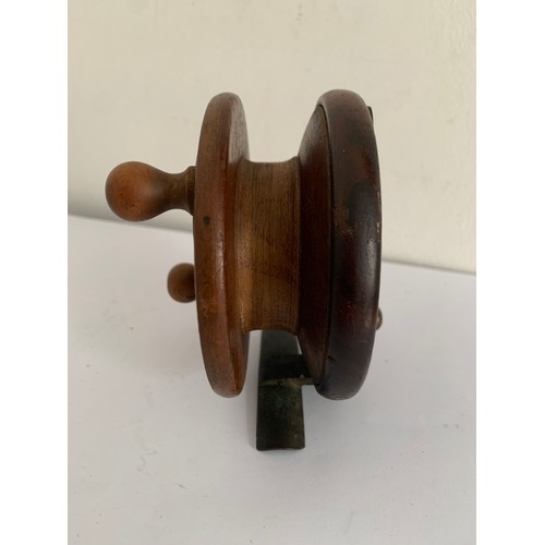 107 - Antique 4 inch Wood And Brass Fishing Reel