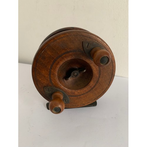 107 - Antique 4 inch Wood And Brass Fishing Reel