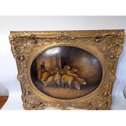 52 - Framed Oil Painting  On Convex Backing Of A Continental Shepherd With His Sheep Scene. Signed Lower ... 