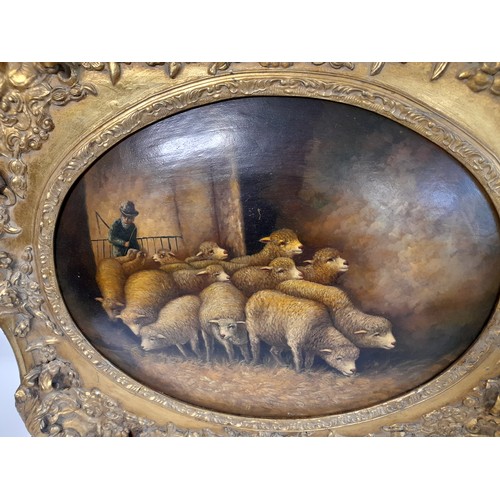 52 - Framed Oil Painting  On Convex Backing Of A Continental Shepherd With His Sheep Scene. Signed Lower ... 