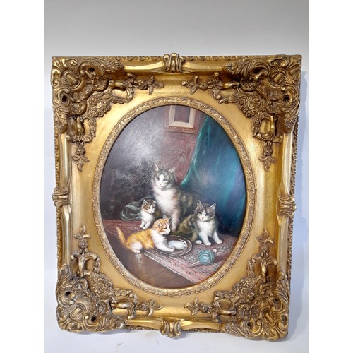 53 - Framed Oil Painting  On Convex Backing Of  Cats And Kittens, Signed Lower Right .62cm x 72cm