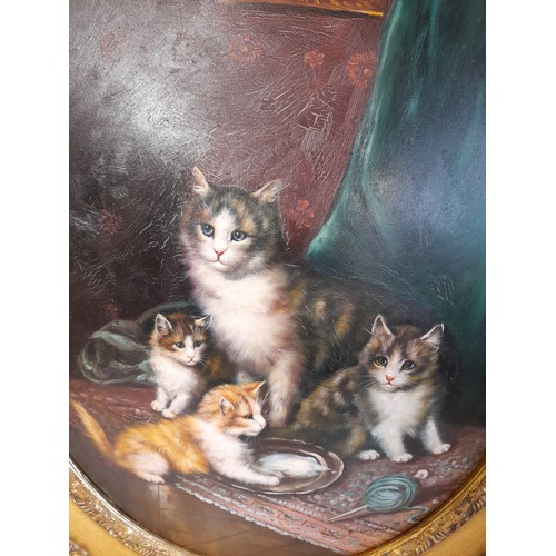 53 - Framed Oil Painting  On Convex Backing Of  Cats And Kittens, Signed Lower Right .62cm x 72cm