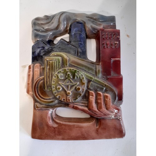 155 - Ceramic Tile in Brutalist style depicting an industrial scene with Backstamp. 24cm x 18cm