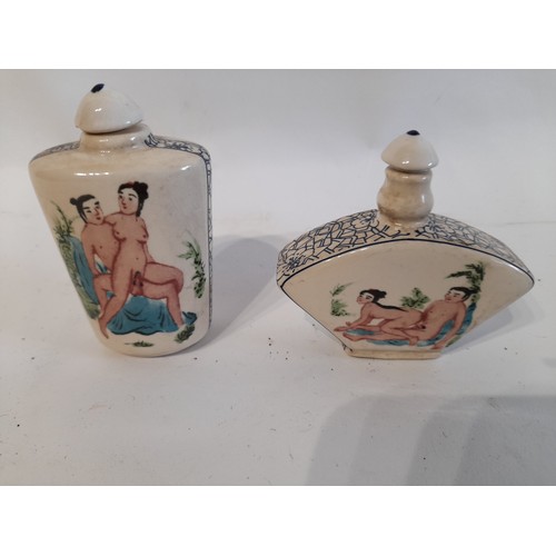 162 - 2 Oriental Porcelain Scent Bottles with Erotic Scenes, tallest 8cm. (2)