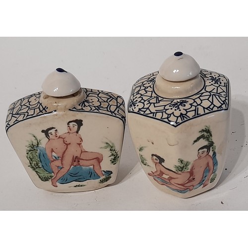 173 - 2 x Oriental ceramic Scent Bottles with Erotic Scenes, tallest 6cm