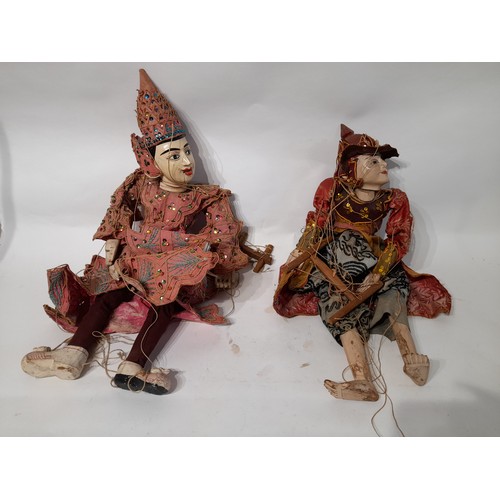 196 - 2 x Large Asian Marionettes with wooden Head, Hands and Feet, largest 62cm high with moving mouth