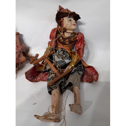 196 - 2 x Large Asian Marionettes with wooden Head, Hands and Feet, largest 62cm high with moving mouth