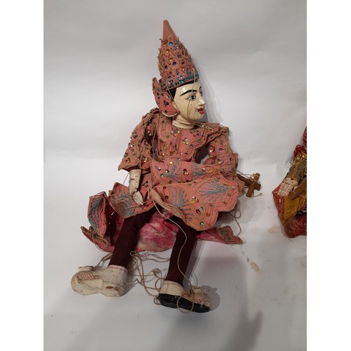 196 - 2 x Large Asian Marionettes with wooden Head, Hands and Feet, largest 62cm high with moving mouth