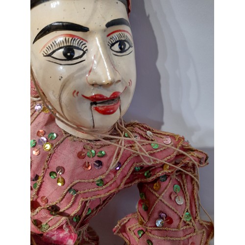 196 - 2 x Large Asian Marionettes with wooden Head, Hands and Feet, largest 62cm high with moving mouth