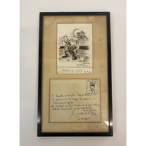 301 - Framed Pencil and Pen Drawings Depicting WW2 Prisoner of War and Letter 34cm x 19.5cm