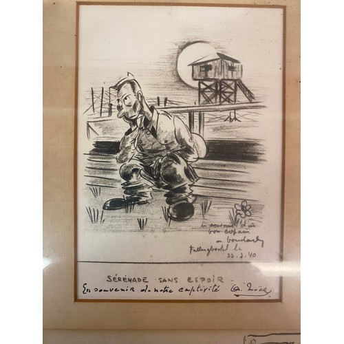 301 - Framed Pencil and Pen Drawings Depicting WW2 Prisoner of War and Letter 34cm x 19.5cm