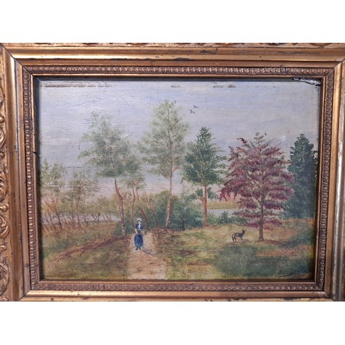 58 - Oil on Board of a Lady in a Wooded Scene, Framed 36cm x 30cm signed and dated '98' lower right